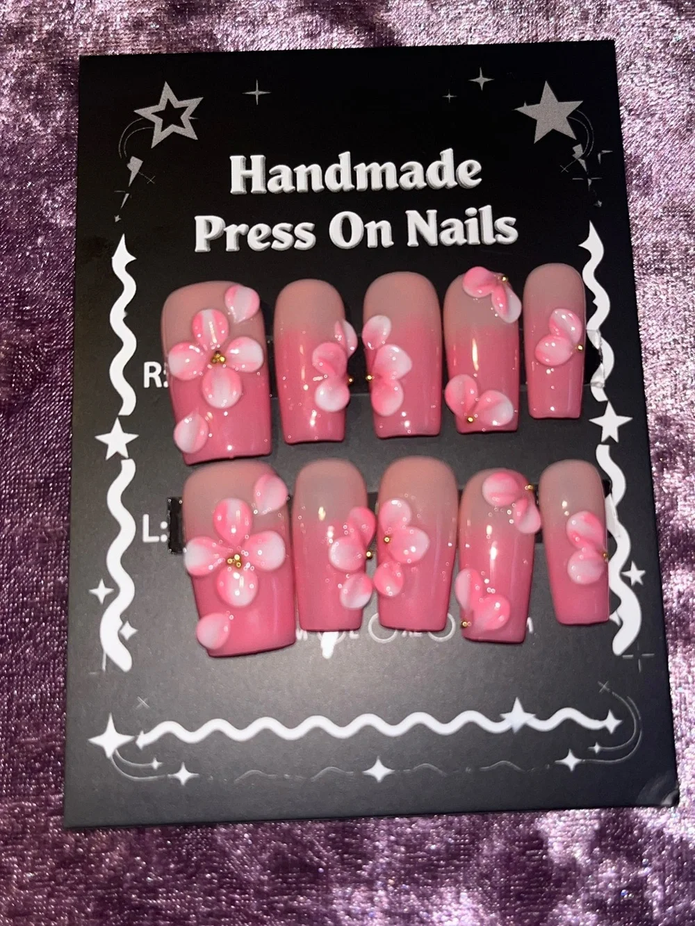 Handmade Pink Press On Nails with 3D Floral Accents